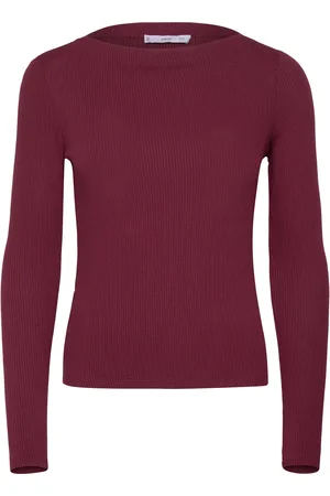 MANGO Long-Sleeved Knitted T-Shirt Tops Knitwear Jumpers Burgundy