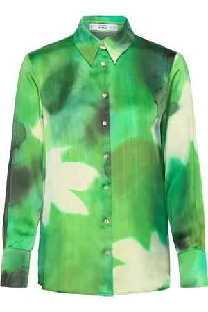 MANGO Satin Print Shirt Tops Shirts Long-sleeved Green
