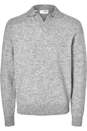 SELECTED Slhrai Ls Knit Open Polo Tops Knitwear Long Sleeve Knitted Polos Grey