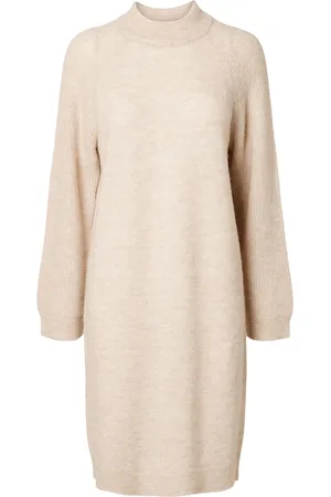 SELECTED Slflulu Ls High Neck Knit Dress Knelang Kjole Beige