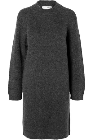 SELECTED Slflulu Ls High Neck Knit Dress Knelang Kjole Grey