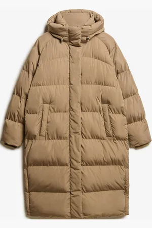 Superdry Longline Hooded Puffer Jacket Fôret Kåpe Beige