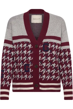 GANT Houndstooth V-Neck Cardigan Tops Knitwear Cardigans Burgundy