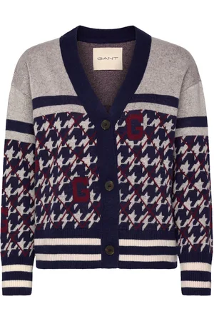 GANT Houndstooth V-Neck Cardigan Tops Knitwear Cardigans Navy