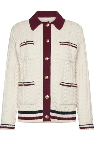 GANT Contrast Cable Knit Cardigan Tops Knitwear Cardigans White