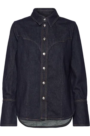 MANGO Denim Shirt With Seams Tops Shirts Long-sleeved Navy