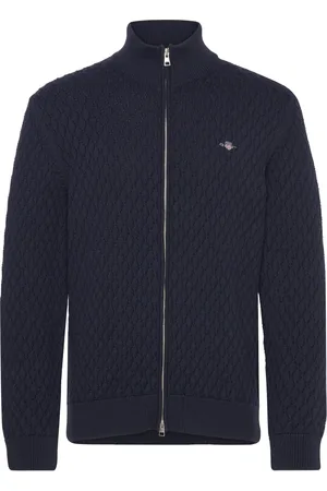 GANT Textured Cotton Zip Cardigan Tops Knitwear Cardigans Navy