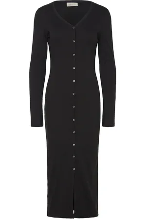 Calvin Klein Woven Label Ls Rib Dress Knelang Kjole Black