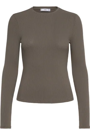 MANGO Ribbed Long-Sleeved T-Shirt Tops T-shirts & Tops Long-sleeved Khaki Green