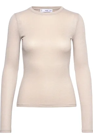MANGO Lurex Knitted T-Shirt Tops T-shirts & Tops Long-sleeved Beige