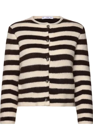 MANGO Striped Cardigan With Buttons Tops Knitwear Cardigans Cream