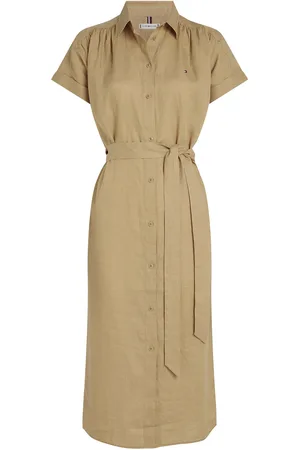 Tommy Hilfiger Ess Linen S/S Midi Shirt Dress Knelang Kjole Beige