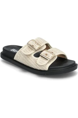 Bianco Biaoslo Buckle Slide Raffia Shoes Sandals Flat Sandals Cream