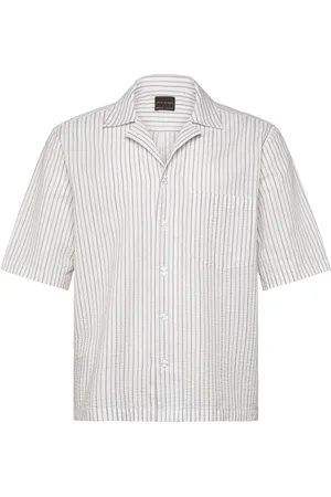 Oscar Jacobson Reg Fit Cuban Ss Striped Seersucker Shirt Designers Shirts Short-sleeved Shirts White