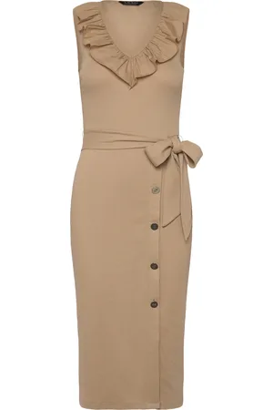Ralph Lauren Button-Trim Rib-Knit Sleeveless Dress Knelang Kjole Beige