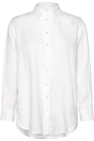 Ralph Lauren Over Striped Floral-Logo Linen Shirt Tops Shirts Long-sleeved White