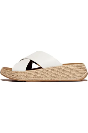 FitFlop F-Mode Espadrille Leather Flatform Cross Slides Sandal Med Hæl White