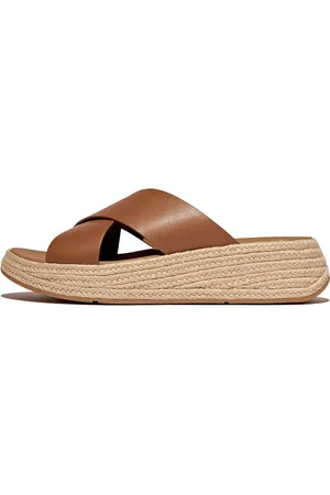 FitFlop F-Mode Espadrille Leather Flatform Cross Slides Sandal Med Hæl Brown