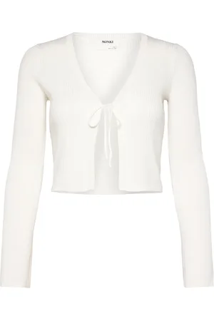 Monki Ribbed Tie-Front Cardigan Tops Knitwear Cardigans White