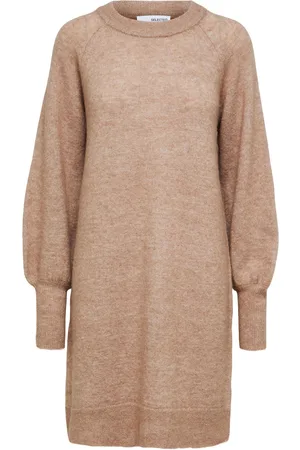 SELECTED Slflulu Ls Knit Dress O-Neck Beige