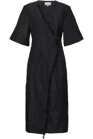 Ganni Dame Omslagskjoler - Jacquard Organza Bead Fringe Wrap Dress Black