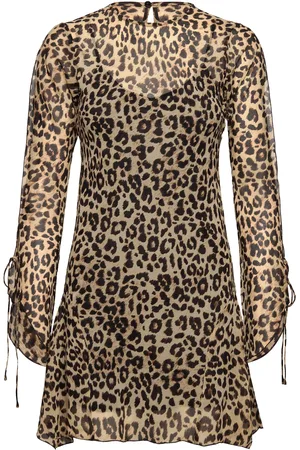 MANGO Flared-Sleeved Leopard-Print Dress Brown