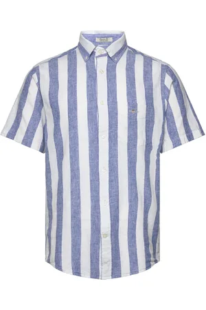 GANT Reg Cotton Linen Stripe Ss Shirt Blue