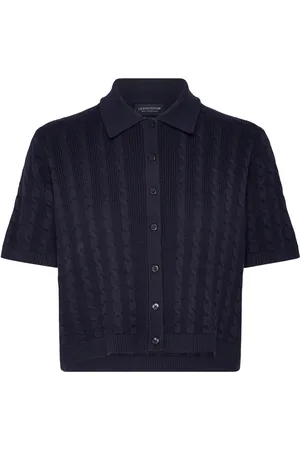 Lexington Short Sleeve Cable Knitted Polo Cardigan Navy