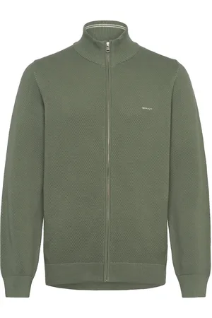 GANT Cotton Pique Zip Cardigan Khaki