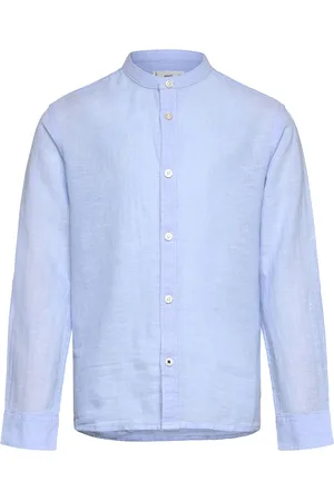 MANGO Cotton Linen Shirt With Mandarin Collar Blue