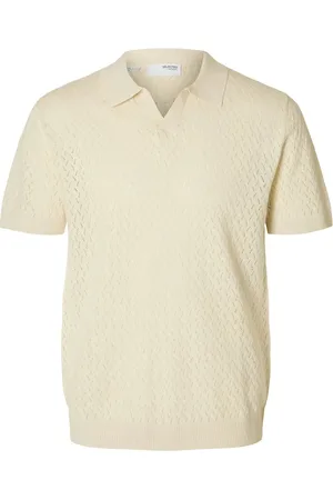 SELECTED Slhlino Ss Knit Crochet Open Polo Cream