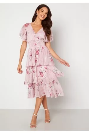 Goddiva Floral Flutter Tiered Midi Dress Blush XXS (UK6)