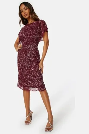 Angeleye Scallop Sequin Midi Dress Burgundy S (UK10)