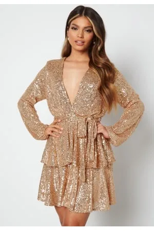 John Zack Sequin Deep V Ruffle Skater Dress Gold XS (UK8)