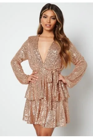 John Zack Sequin Deep V Ruffle Skater Dress Rose Gold XXS (UK6)