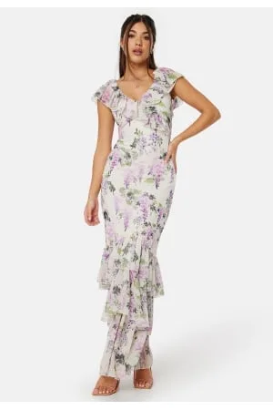 Goddiva Floral Ruffle Hem Maxi Dress Multi L (UK14)