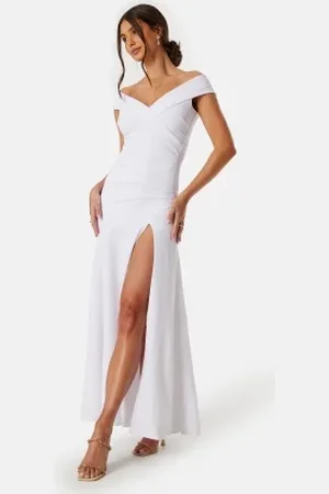 Goddiva Bardot Pleat Maxi Split Dress White XXS (UK6)