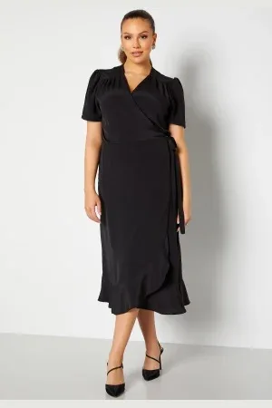 John Zack Short Sleeve Wrap Frill Curve Dress Black 48 (UK20)