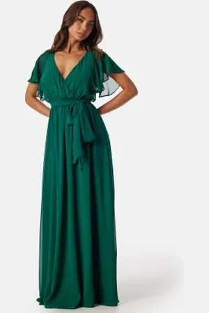 Goddiva Flutter Chiffon Maxi Dress Dark Green XS (UK8)