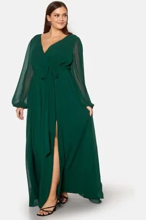 Goddiva Long Sleeve Chiffon Maxi Curve Dress Green 46 (UK18)