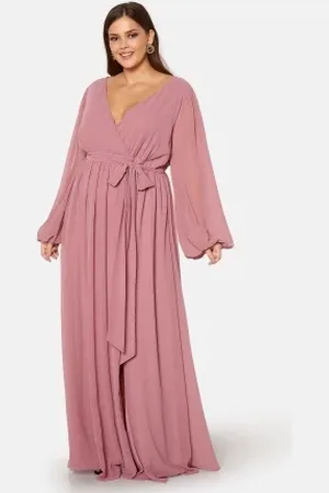 Goddiva Long Sleeve Chiffon Maxi Curve Dress Purple 44 (UK16)