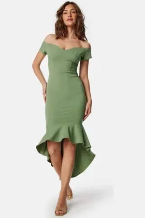 John Zack Off Shoulder Frill High Low Dress Sage Green XXS (UK6)