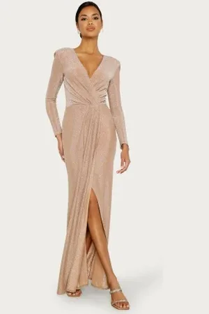 Goddiva Long Sleeve Glitter Maxi Dress Nude XL (UK16)