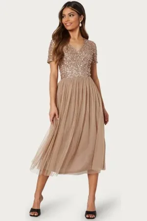 Angeleye Short Sleeve Sequin Embellished Midi Dress Taupe XS (UK8)