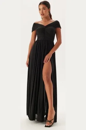 Goddiva Bardot Rouched Maxi Split Dress XXS (UK6)