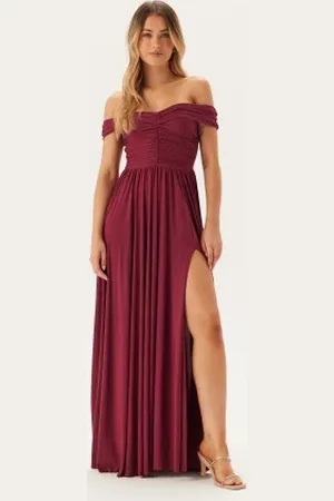 Goddiva Bardot Rouched Maxi Split Dress XXS (UK6)