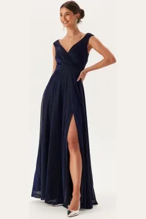 Goddiva Glitter Wrap Maxi Dress Navy L (UK14)