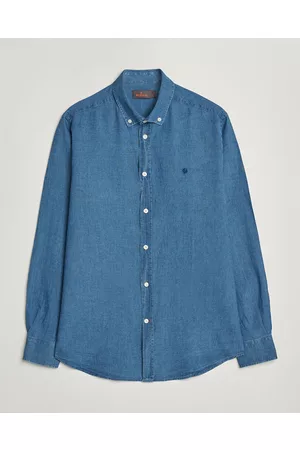 Morris Herre Skjorter - Cotton /Linen Indigo Button Down Shirt Medium Blue