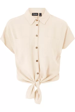 Pieces Dame Bluser - Skjorte pcVinsty SS Linen Tie Shirt - Grå