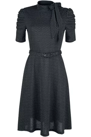 Voodoo Vixen Rockabilly Middellang kjole - Posie Black Polka Dot Tie-neck Dress - S til 4XL - Damer